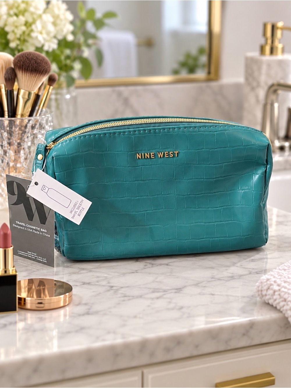 Nine West Teal Croc-Texture Cosmetic Pouch with Gold Hardware